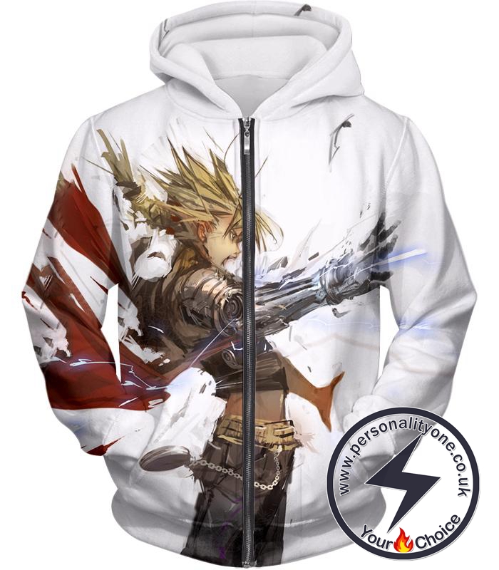 Fullmetal Alchemist Awesome Anime Art Edward Elrich Action Pose Cool White Zip Up Hoodie